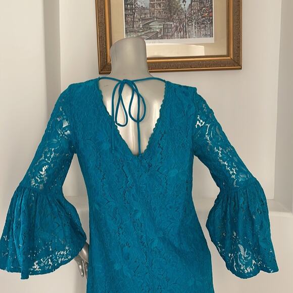 Laundry By Shelli Segal Bell Sleeve Lace A-Line Dress Blue Size 6 - Picture 9 of 14